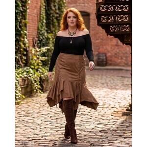 Ashley Stewart Faux Suede Lace Up Handkerchief Hem Skirt Plus Size Brown Boho